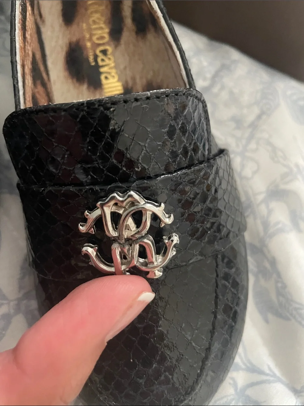 Roberto Cavalli Black Snake Pc Nero Loafers with Silver Logo Hardware
